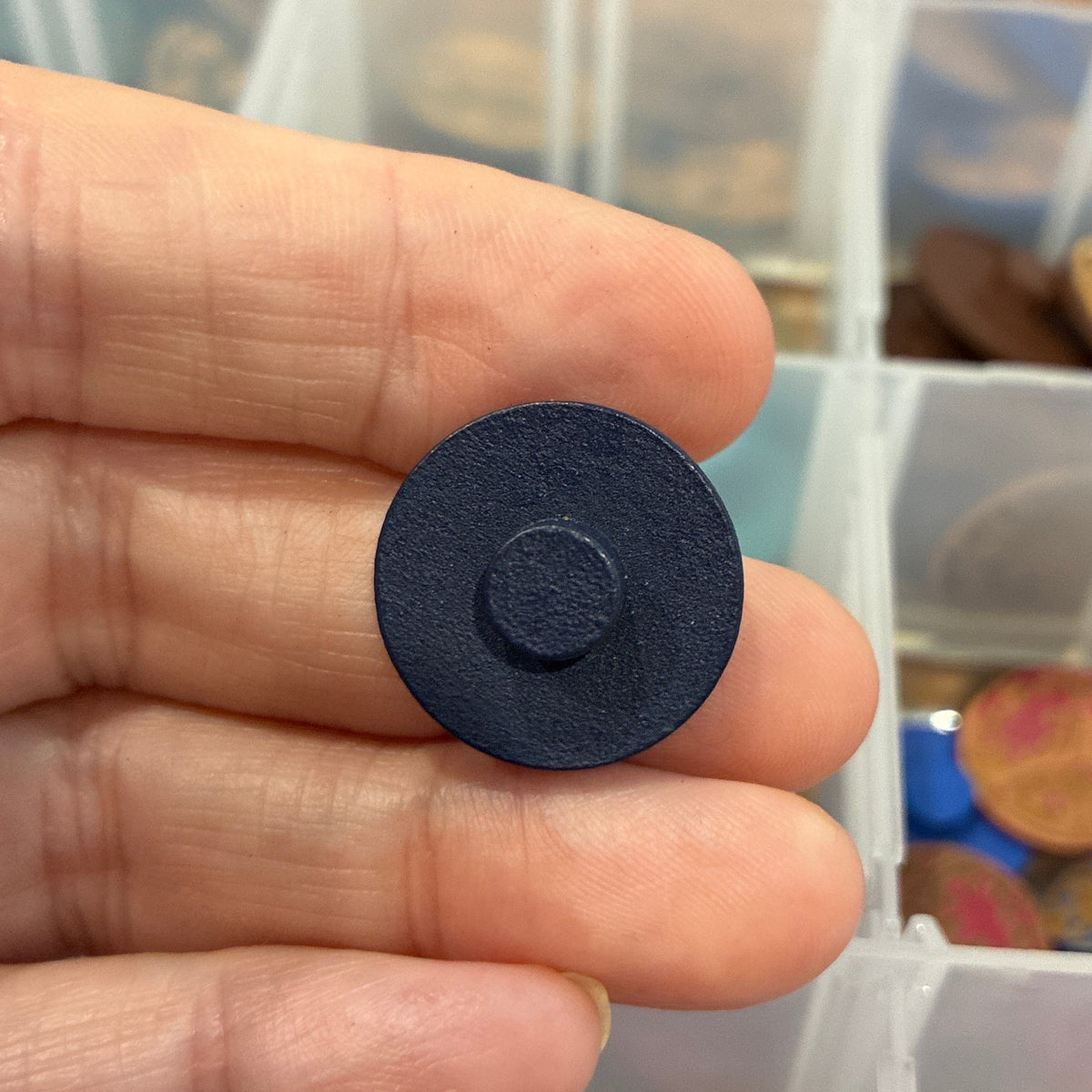 Button, Navy Blue Check Pear Wood, 20mm Shanked