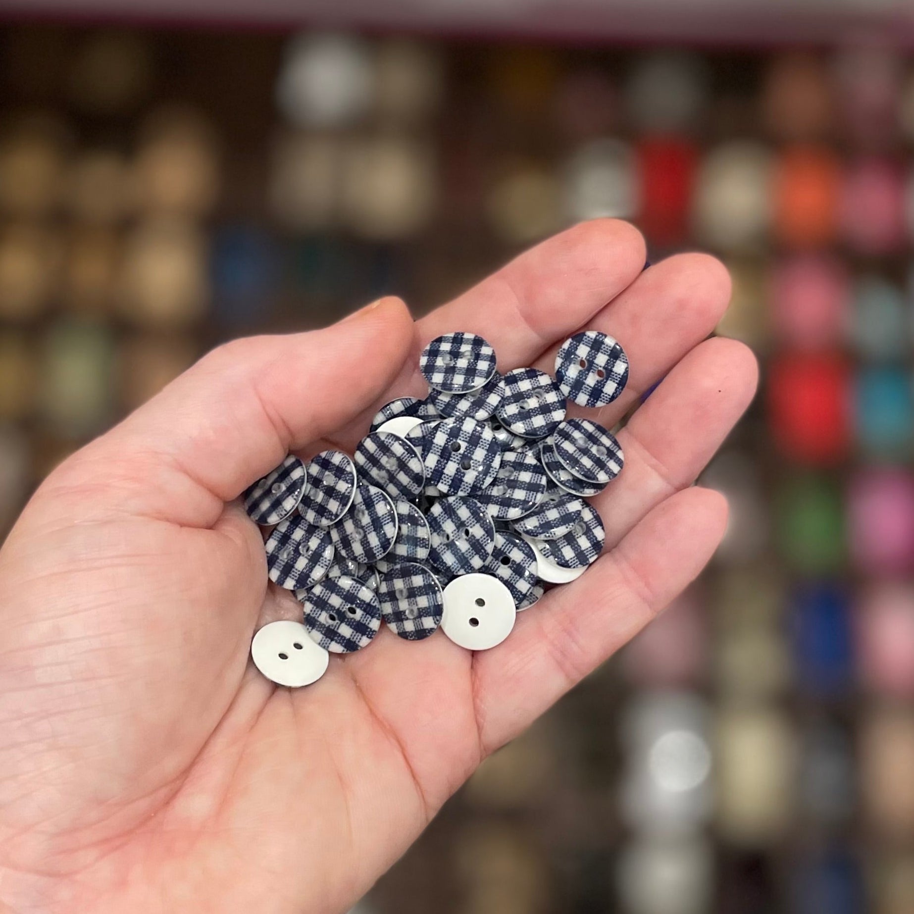 Button, Navy Gingham Resin, 13mm