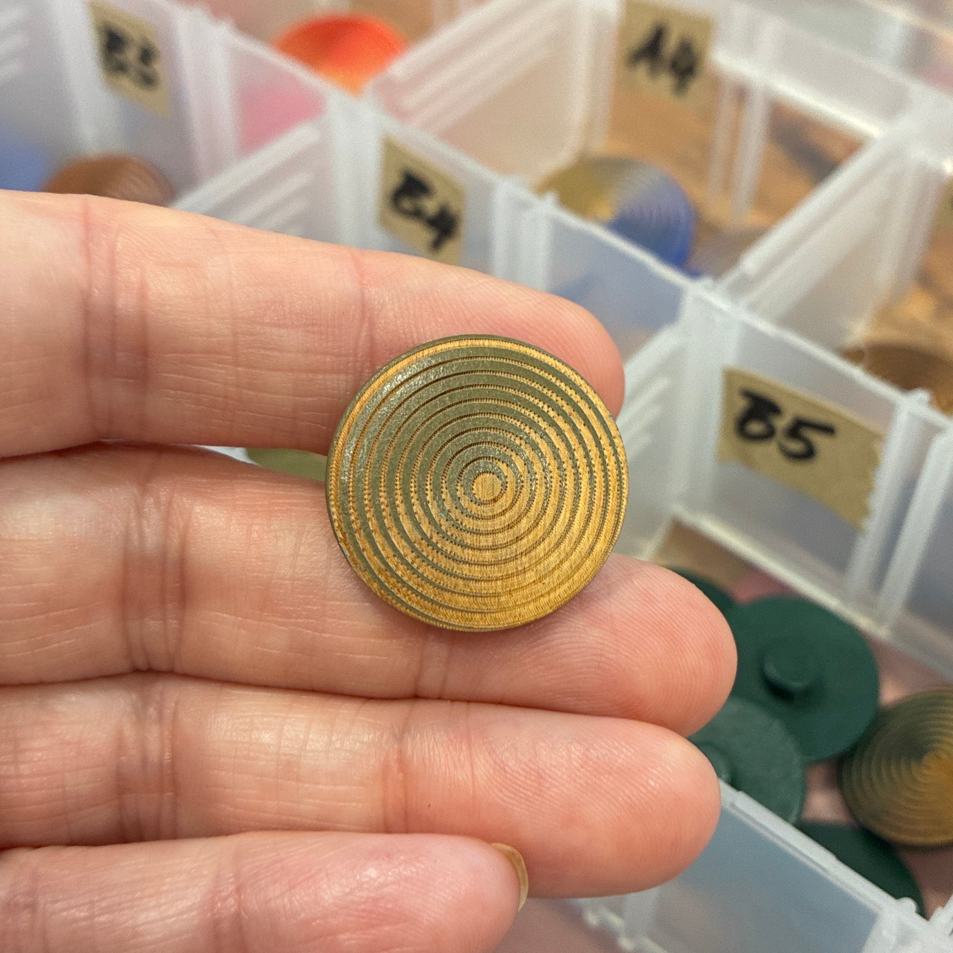 Gold spiral button held by a hand with a transparent organizer containing various buttons in the background.