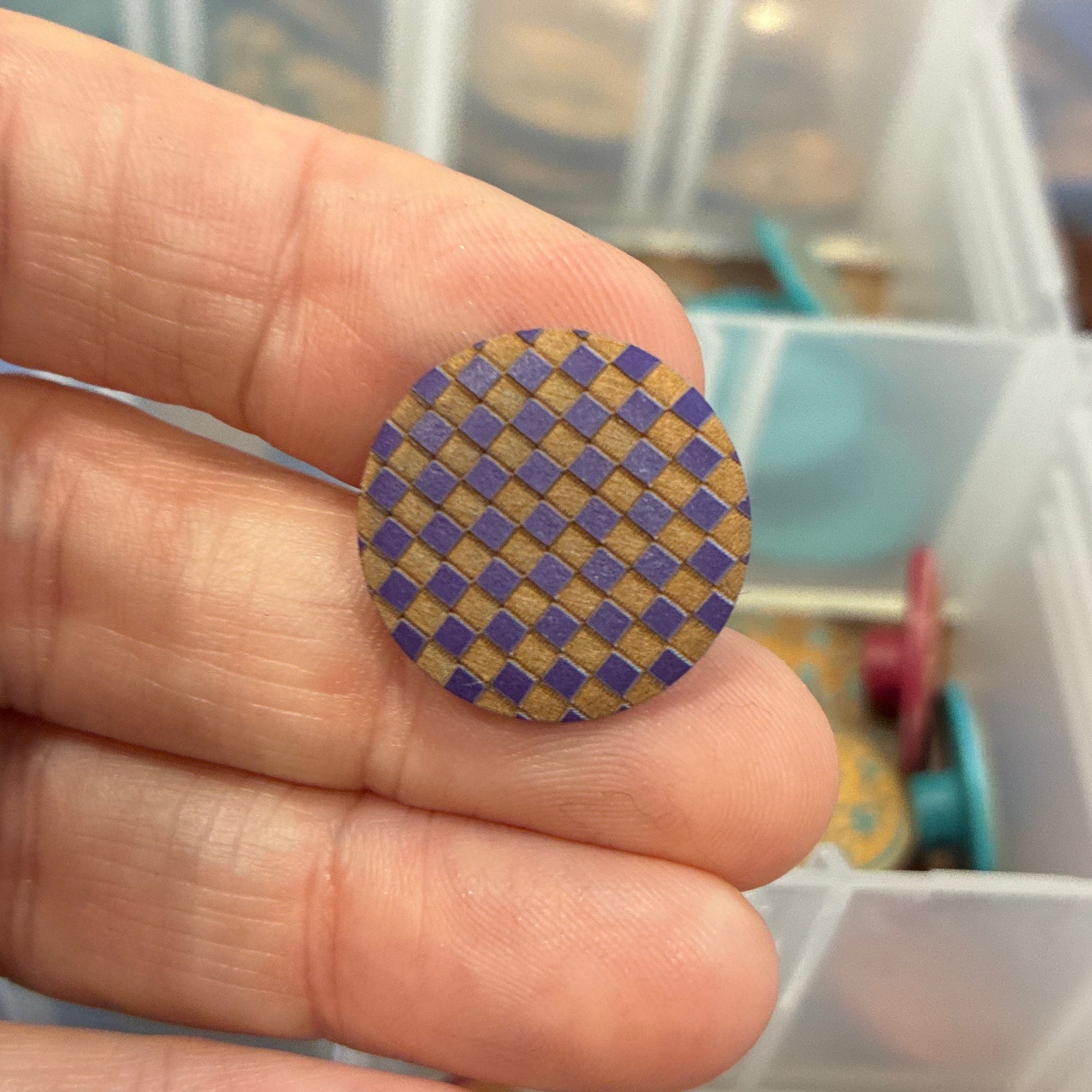 Button, Purple Check Pear Wood, 20mm Shanked