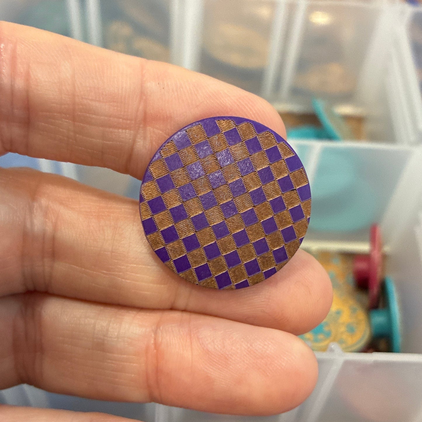 Button, Purple Check Pear Wood, 25mm Shanked