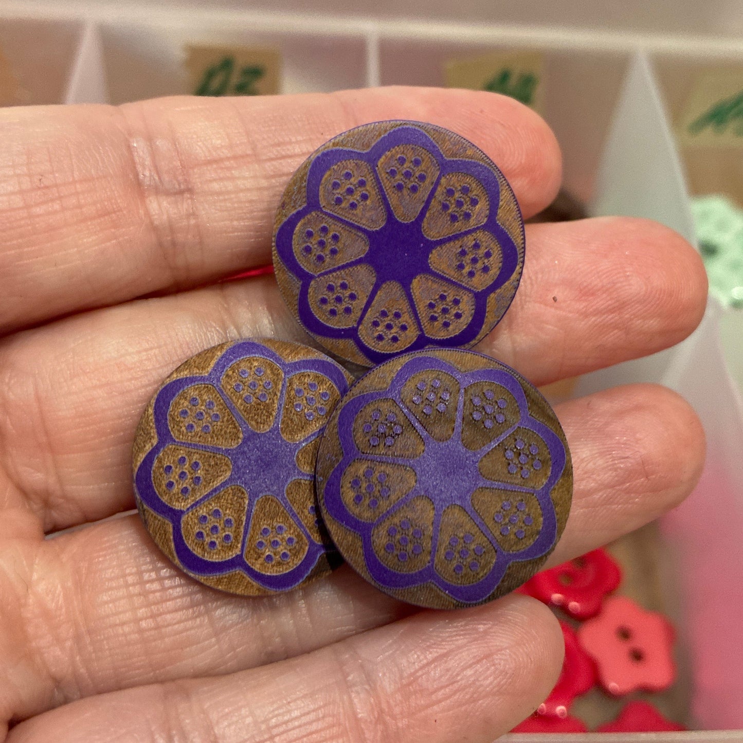 Button, Purple Flower Pear Wood, 23mm Shanked