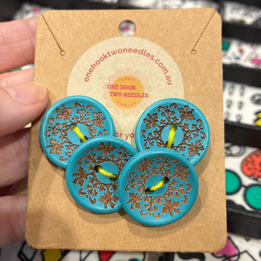 Buttons, Card of 4, Fleur De Lis Pear Wood 25mm