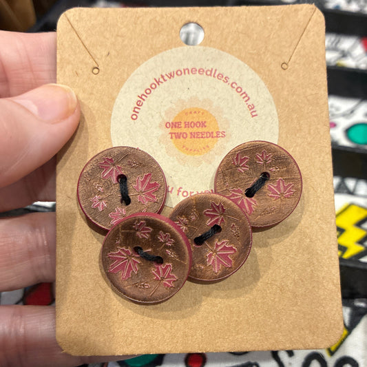 Buttons, Card of 4, Maple Leaf Pear Wood, 20mm