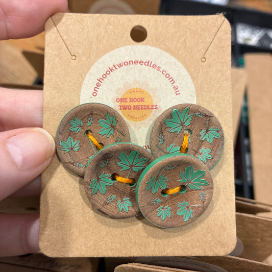 Buttons, Card of 4, Maple Leaf Pear Wood, 25mm