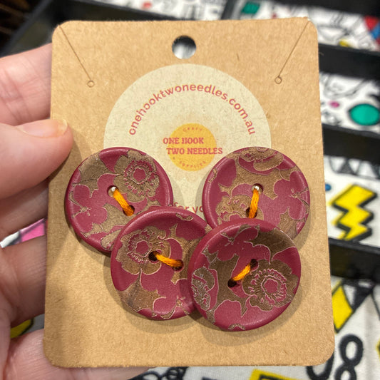 Buttons, Card of 4, Nasturtium Pear Wood, 25mm