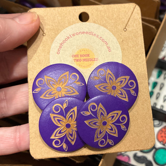Buttons, Card of 4, Rain Lily Purple Pear Wood, 28mm
