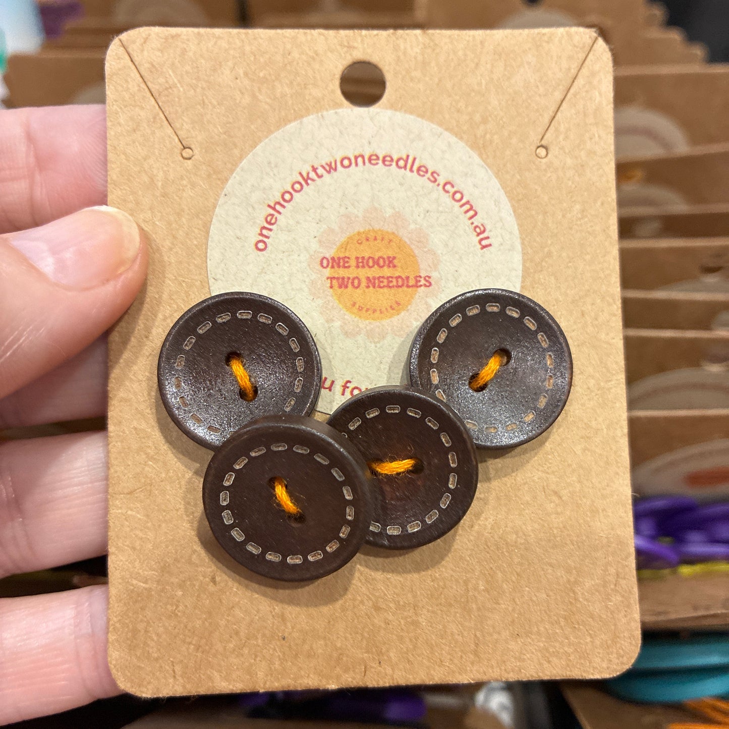 Buttons, Card of 4, Stitches Pear Wood, 20mm
