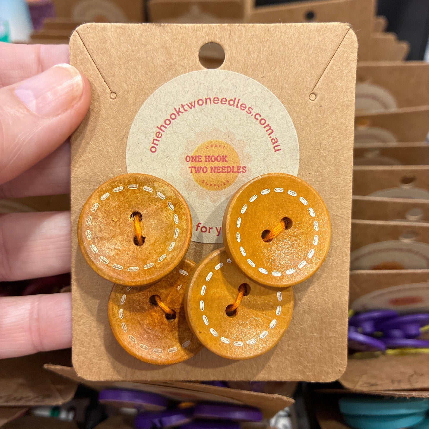 Buttons, Card of 4, Stitches Pear Wood, 25mm