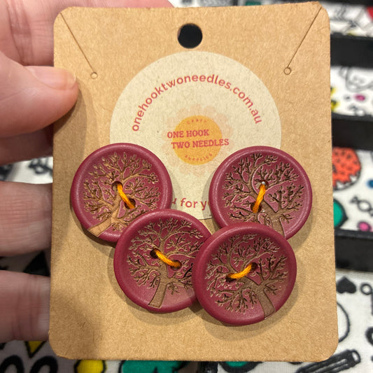 Buttons, Card of 4, Tree of Life Maroon Pear Wood 23mm