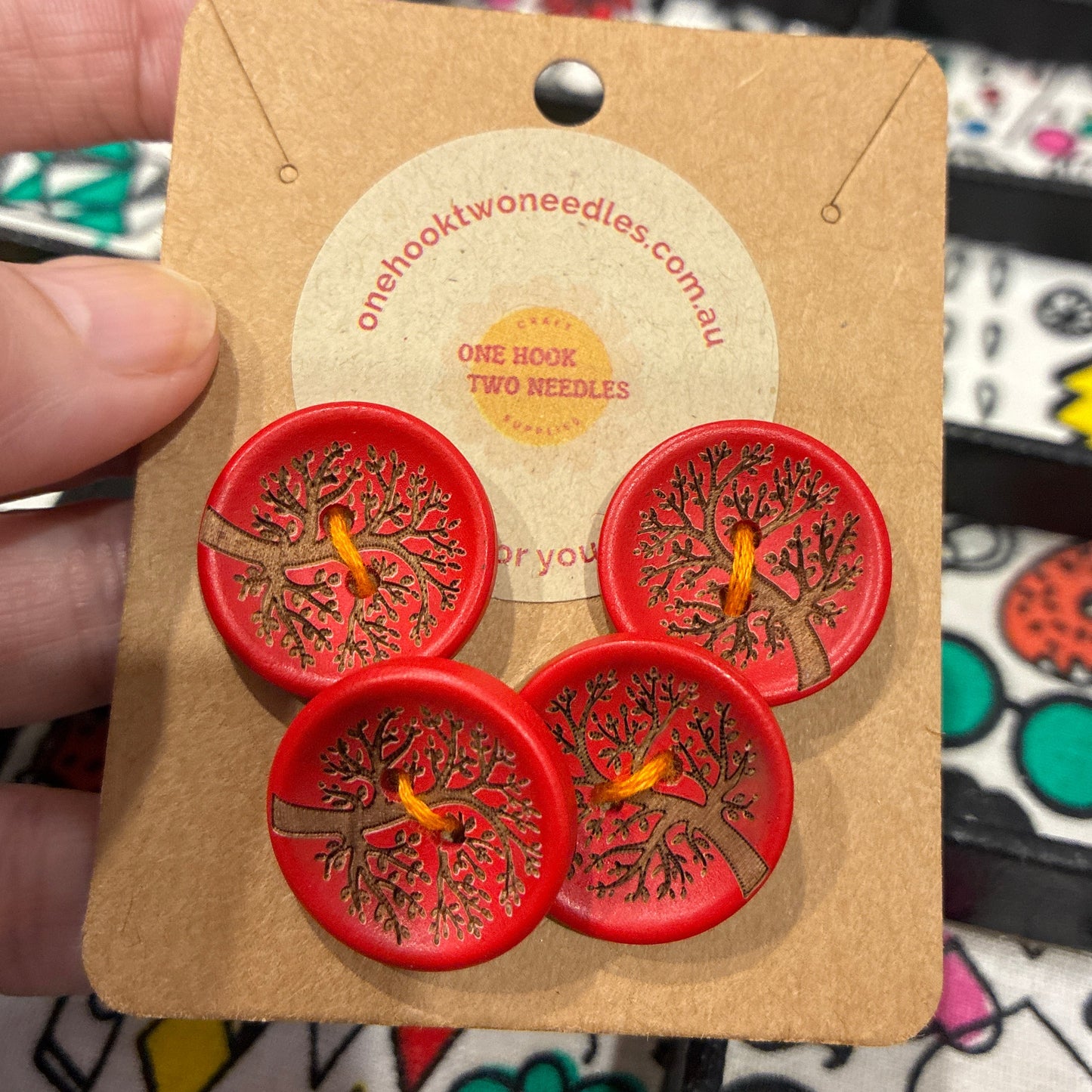 Buttons, Card of 4, Tree of Life Red Pear Wood 23mm