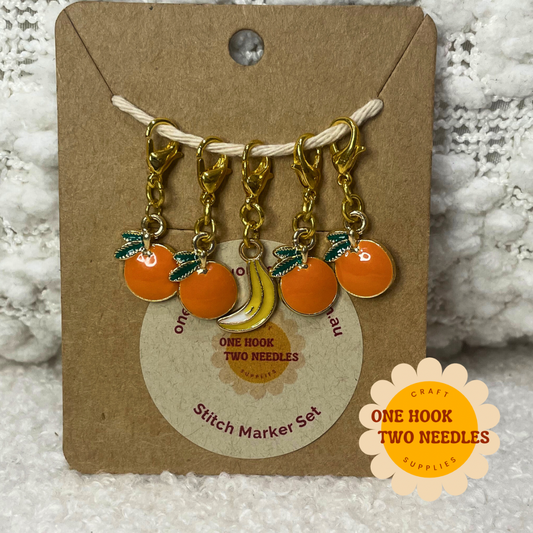 Oranges and a Banana Stitch Markers, Set of 5, Lobster Clasp