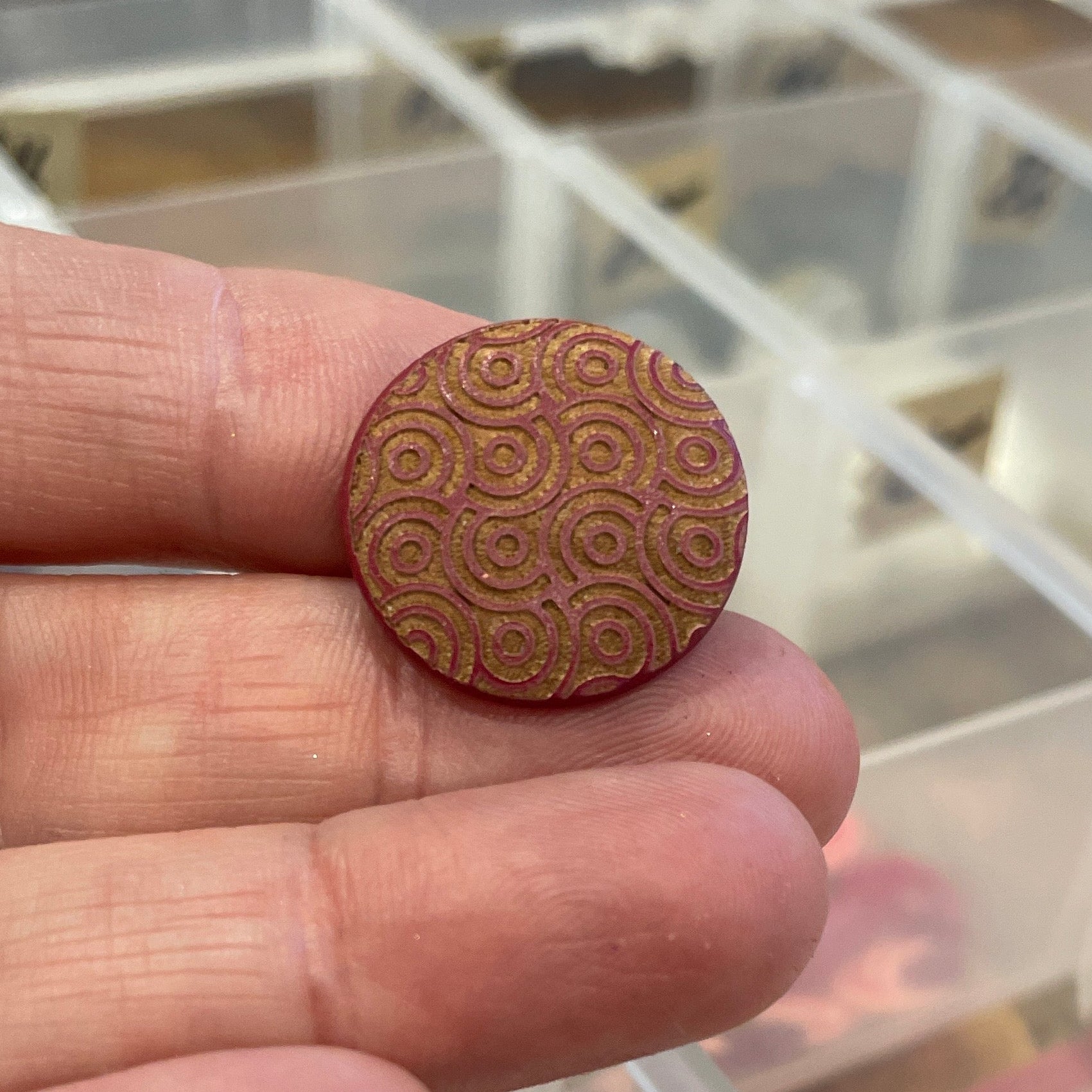 Wooden button held between fingers with a clear plastic organizer in the background