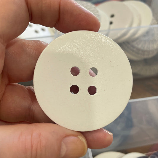 Hand holding a beige button with a blurred background of buttons in a box