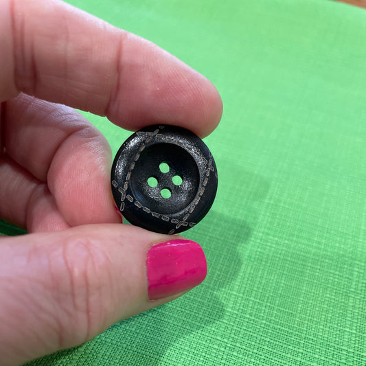 Black button held between fingers against a green fabric background