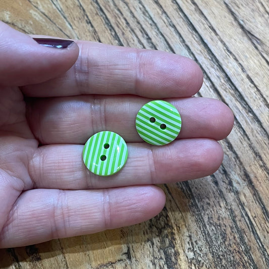 Button, Green and White Stripes Resin, 15mm