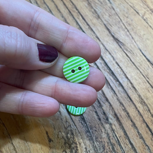 Button, Green and White Stripes Resin, 15mm