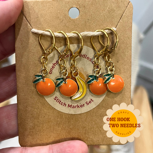 Oranges and a Banana Stitch Markers, Set of 5, French Clasp