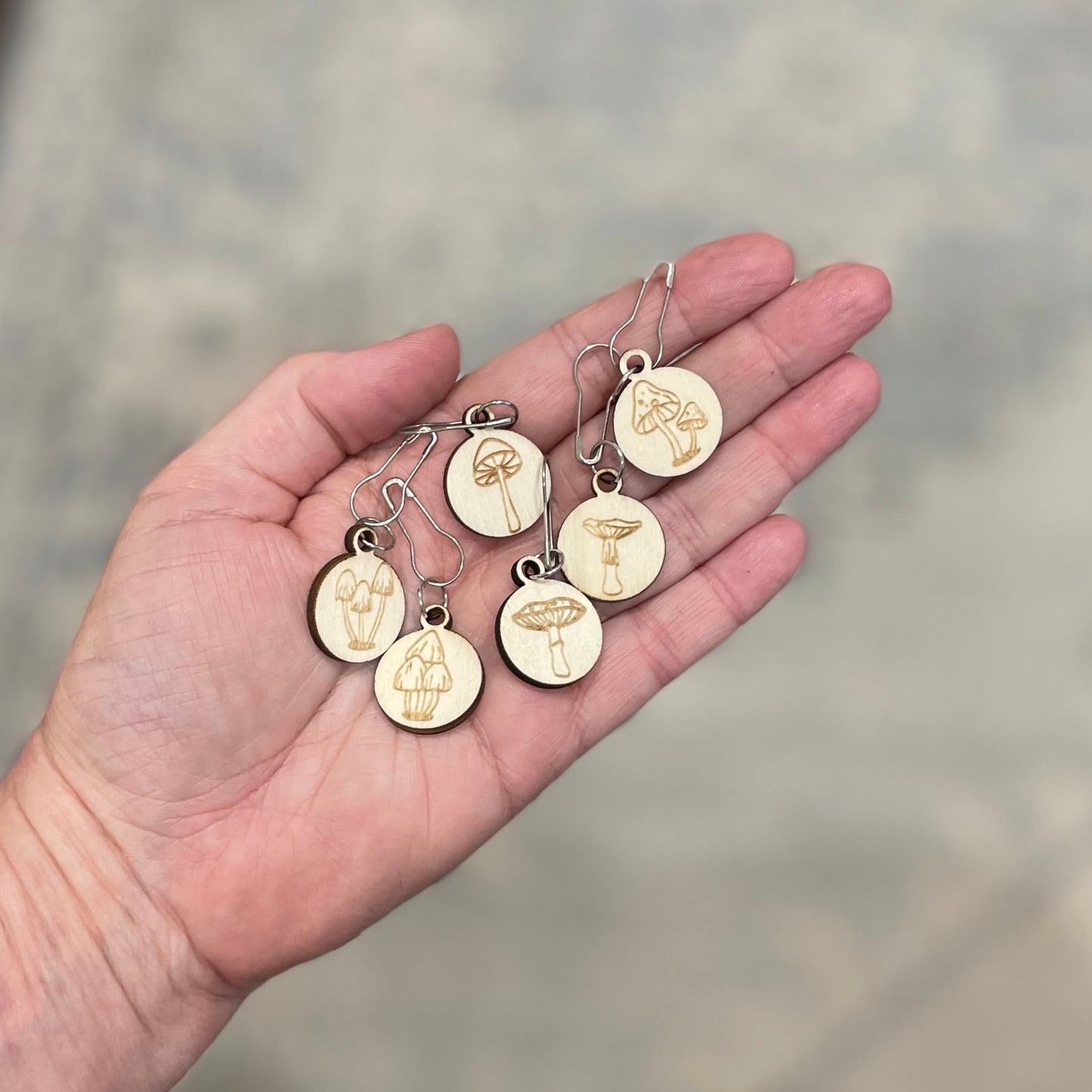 Wood Stitch Marker Set, Mushrooms