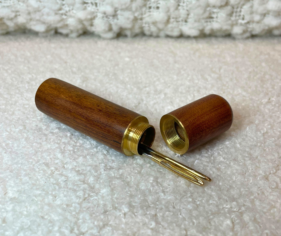 Wooden Yarn Needle Storage Tube, Sandalwood and Brass